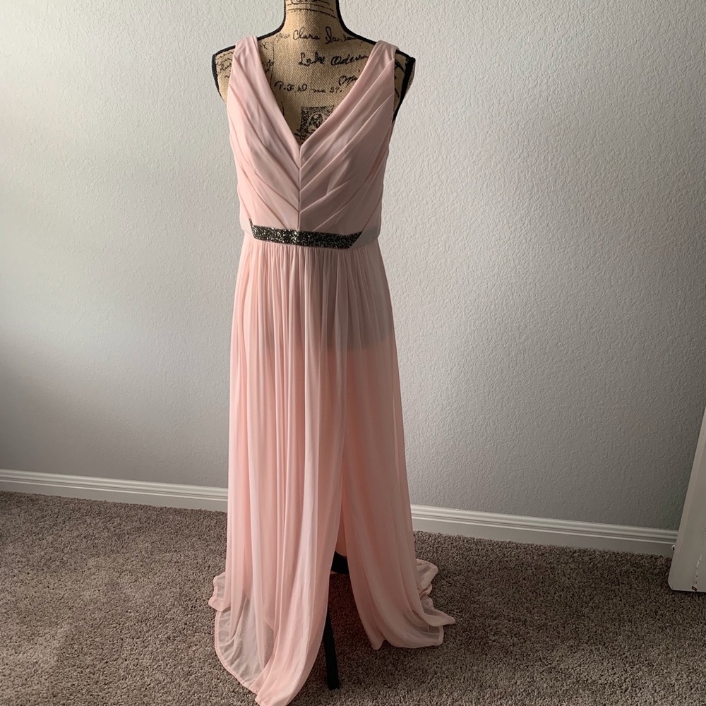 David’s Bridal blush pink maxi dress